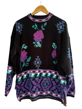 Vintage 90s Southwestern Floral Knit Sweater Bold Pattern